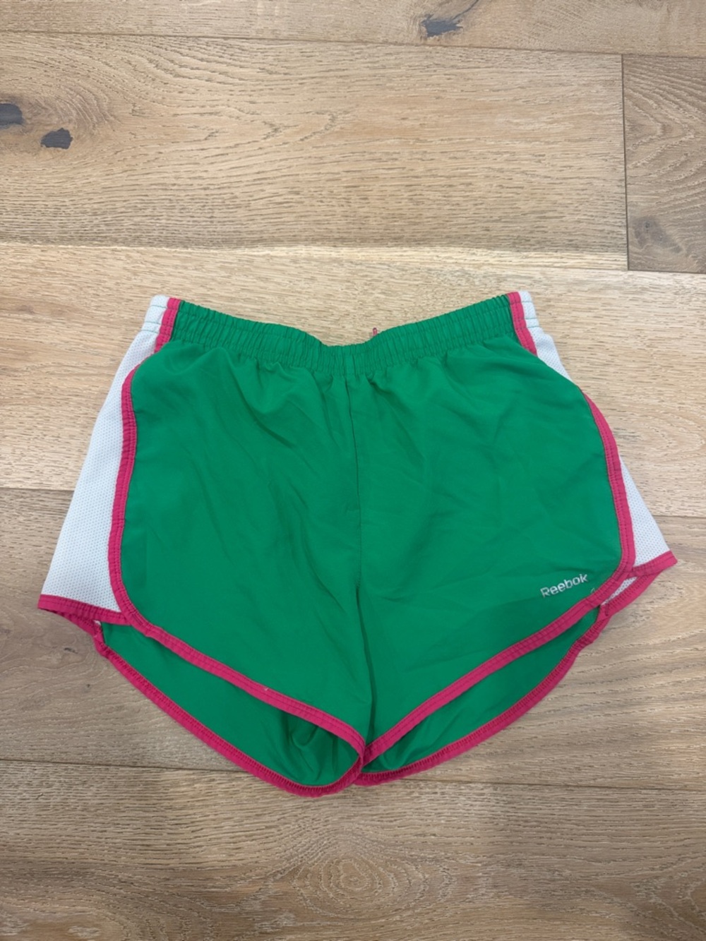 Reebok Girls Green Athletic Shorts with Pink Trim and White Panels